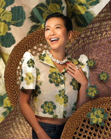 Educator Felicia Hung Atienza wears a delightful button-down terno-sleeved top in floral brocade with a freshwater coin pearl cluster necklace and freshwater pearl rings