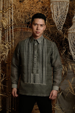 Embroidered Silk Cocoon Barong in Black