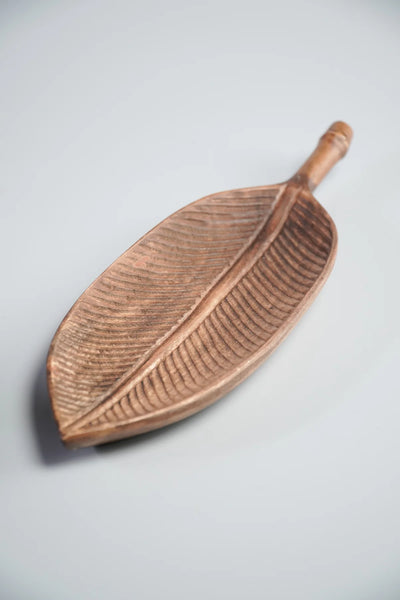 Hand-Carved Acacia Wood Tray with Leaf Design