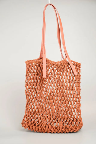 Macrame Tote Bag with Leather Base in Brown