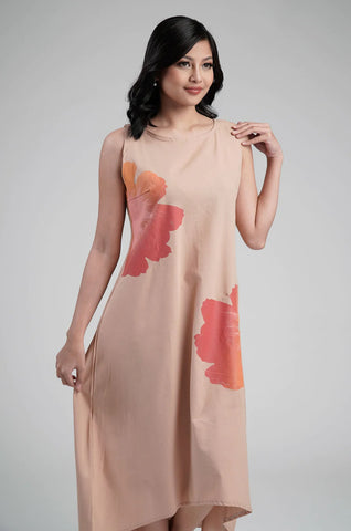 Maxi Dress with Hand-painted Floral Print in Natural