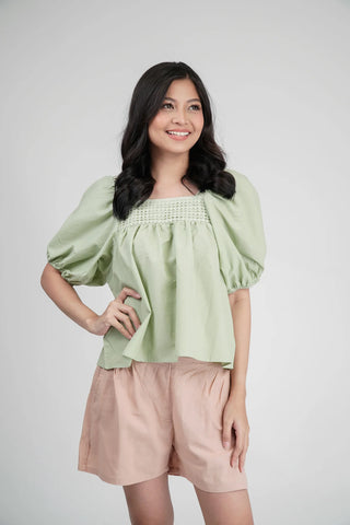 Plain Top with Trim and Crochet Puff Sleeves in Green