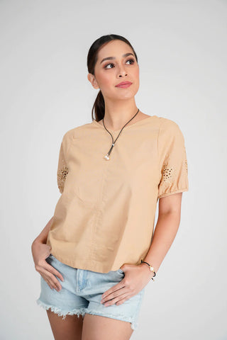 Short-Sleeved Linen Blouse with Embroidery in Beige
