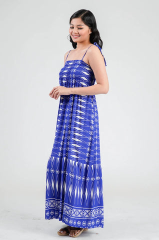 Tie-Strap Smocked Maxi Dress with Aztec Print in Royal Blue