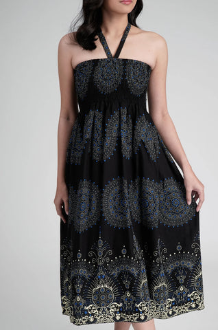 Women's Smocked Sleeveless Dress with Paisley Print in Black