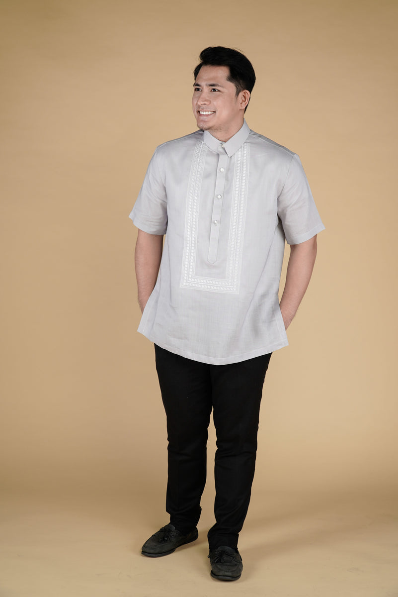 Embroidered Short Sleeved Barong In Gray Linen – Kultura Filipino ...