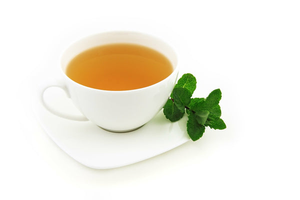 A cup of green tea on a saucer with a sprig of peppermint