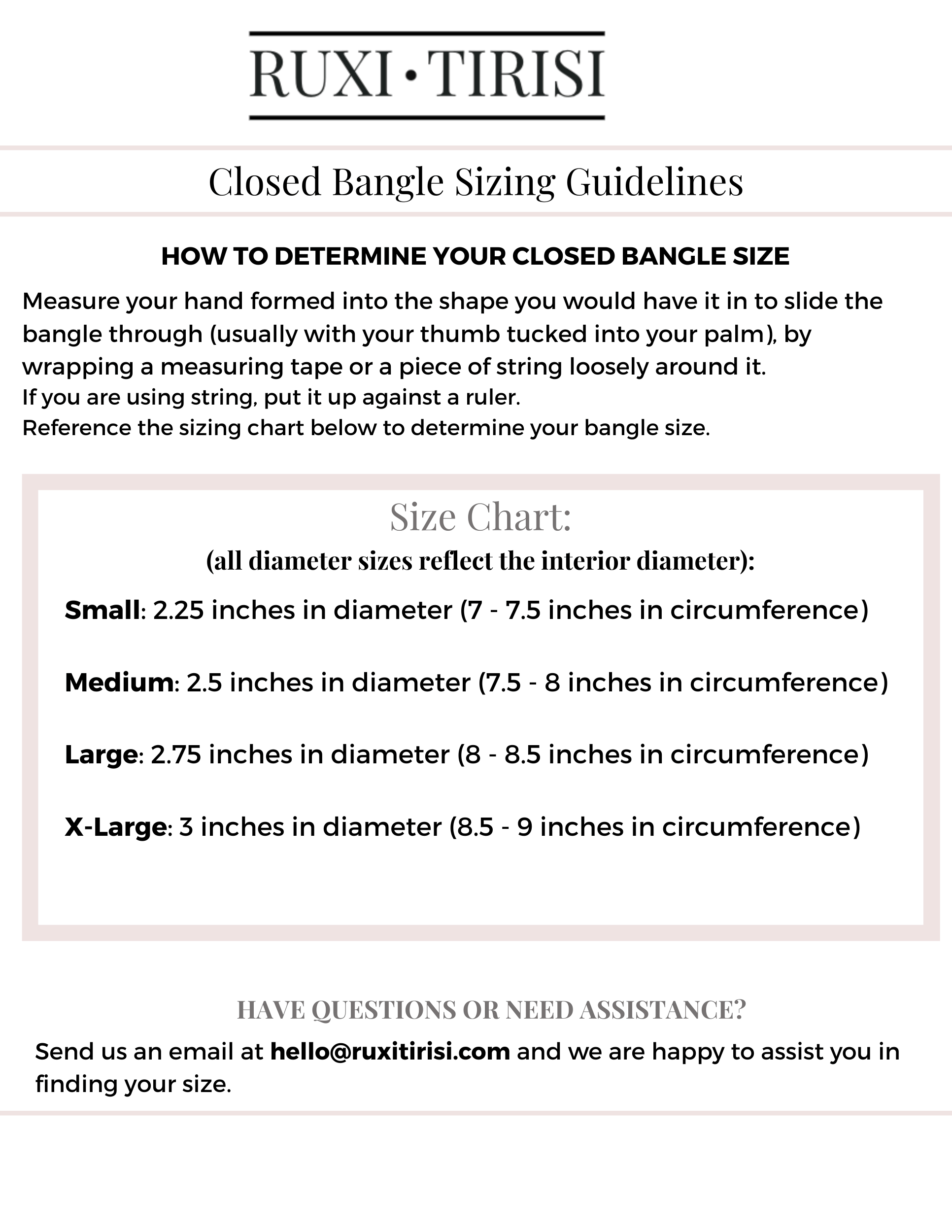 Close bangle sizing instructions