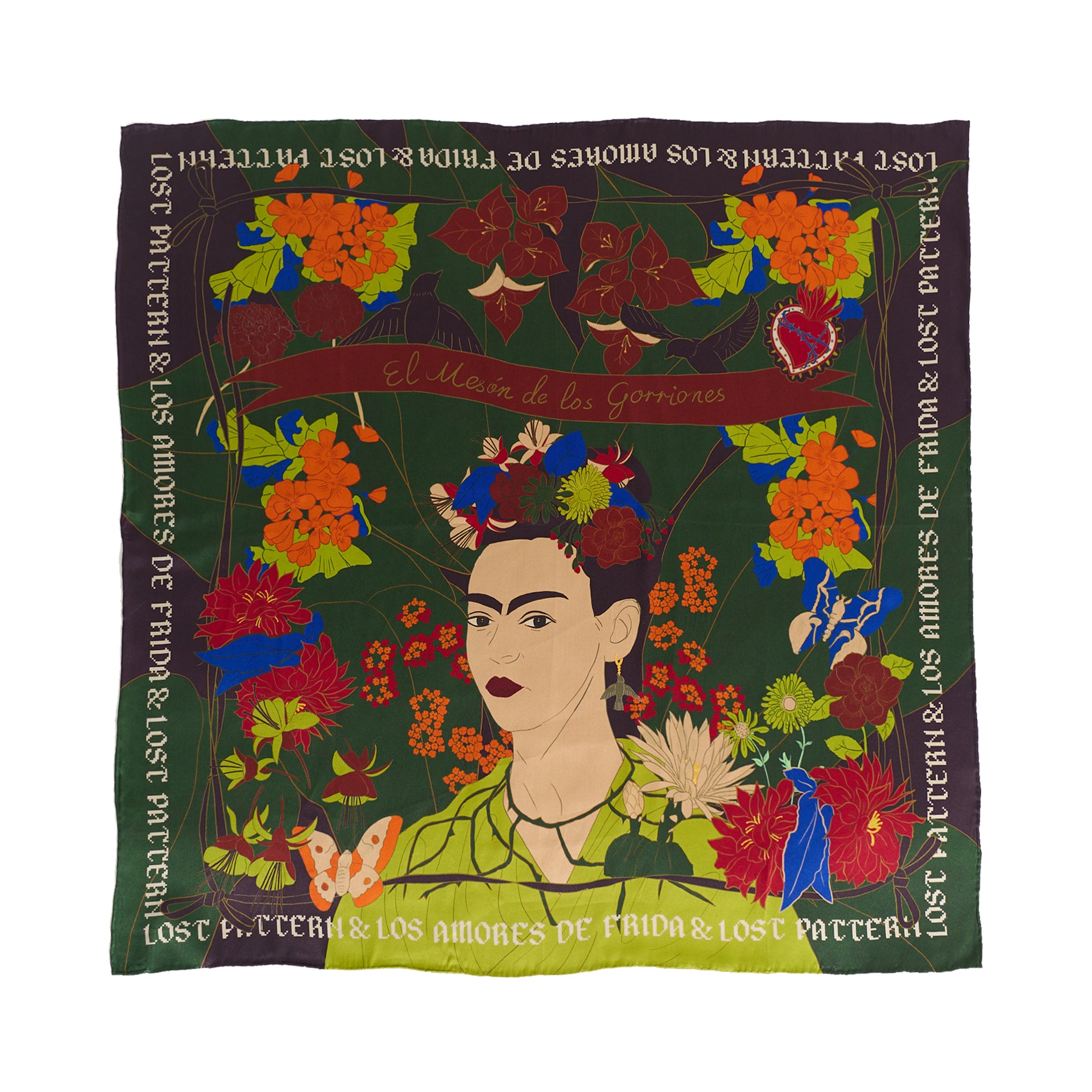 FRIDA x LOST PATTERN "Los Amores de Frida" Large Silk Scarf - Dark Green