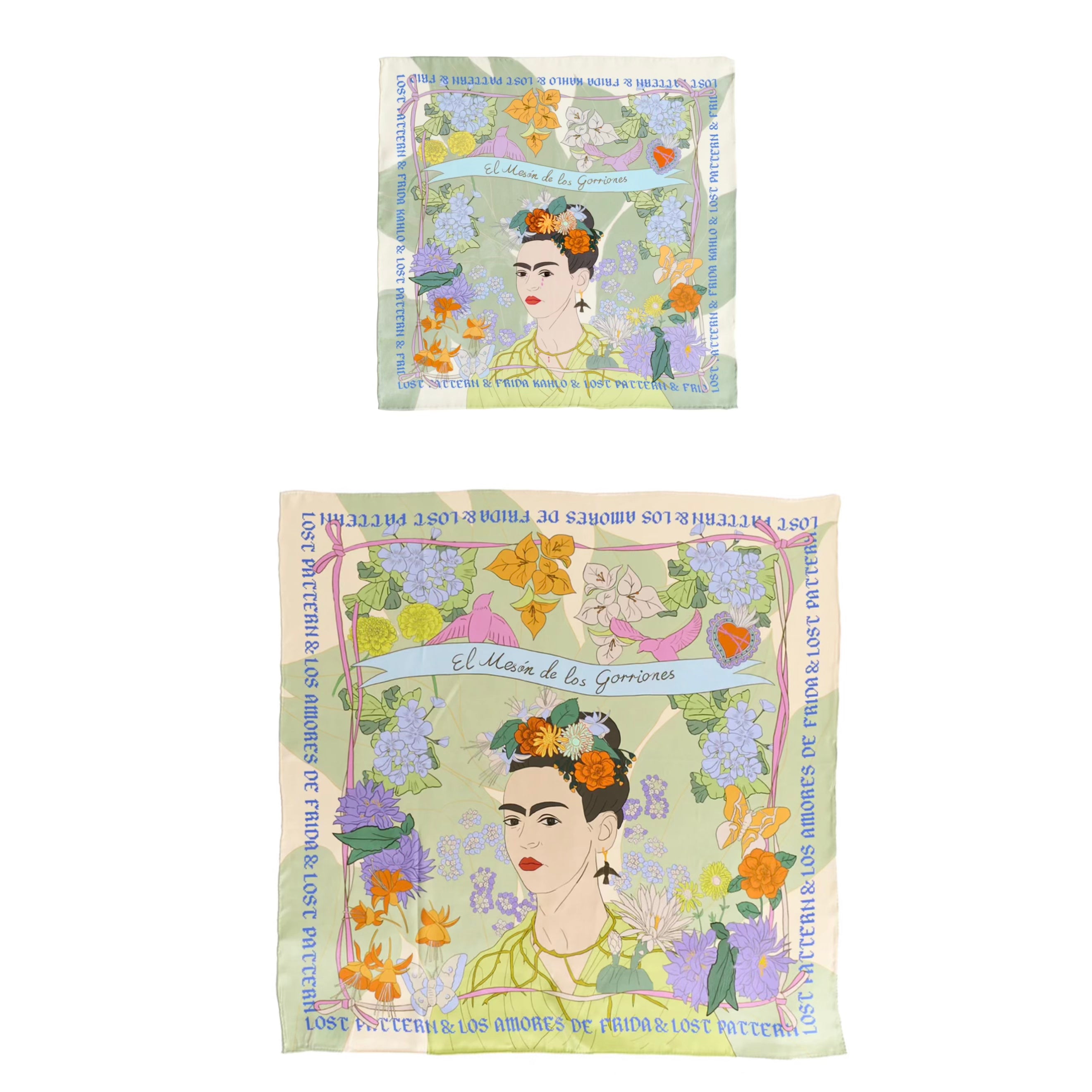FRIDA X LOST PATTERN "Los Amores De Frida" Silk Pocket Square & Large Silk Scarf Set - Pastel