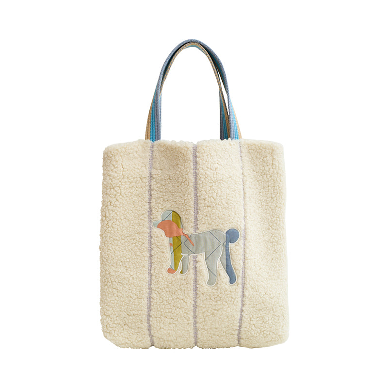 Sherpa Tote Bag with Dog Motif Embroidery in Silk - White