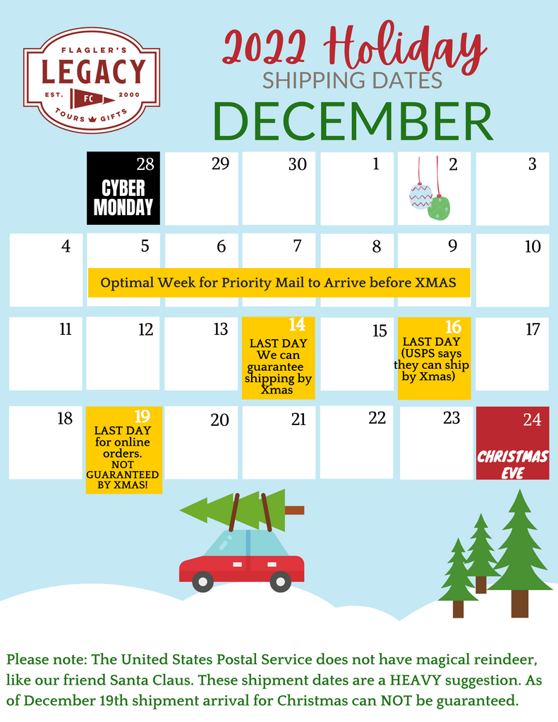 Flagler's Legacy shipping calendar for the holidays 
