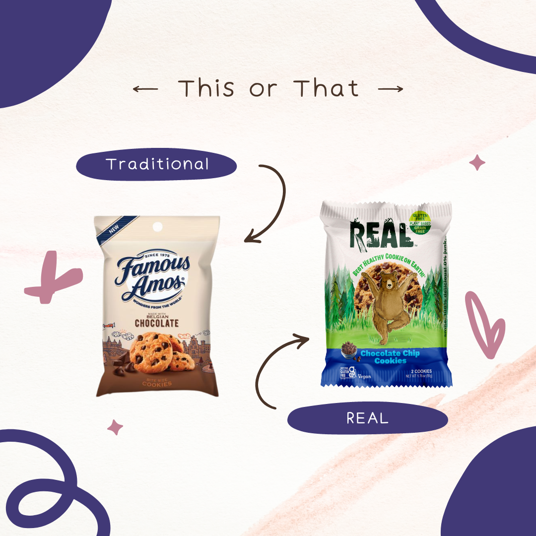 Famous Amos cookies versus REAL food chocolate chip cookies. Choosing healthy versions of the grab and go snacks we love by purchasing Oh Goodie! snack boxes. 