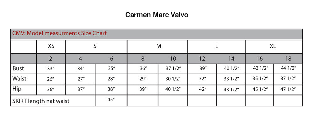 Marc Valvo Size Chart
