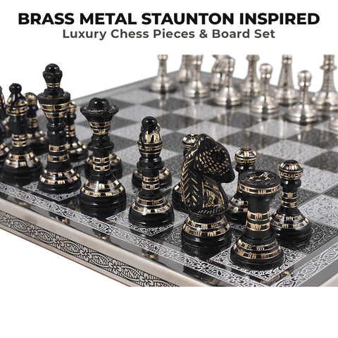 Brass Metal Staunton Inspired Luxury Chess Pieces & Board Set