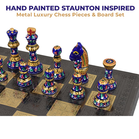 Hand Painted Staunton Inspired Metal Luxury Chess Pieces & Board Set