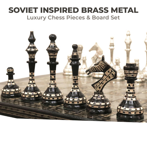 Soviet Inspired Brass Metal Luxury Chess Pieces & Board Set