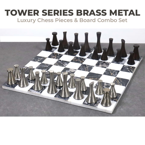 Tower Series Brass Metal Luxury Chess Pieces & Board Combo Set