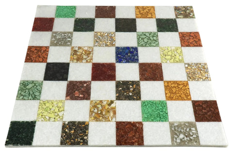 Marble Luxury Chess Board - White & Multi-Colored Stones