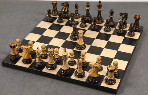 Staunton Hand Carved Gloss Finish Boxwood Chess Pieces With Borderless Ebony & Maple Wood Chess Board