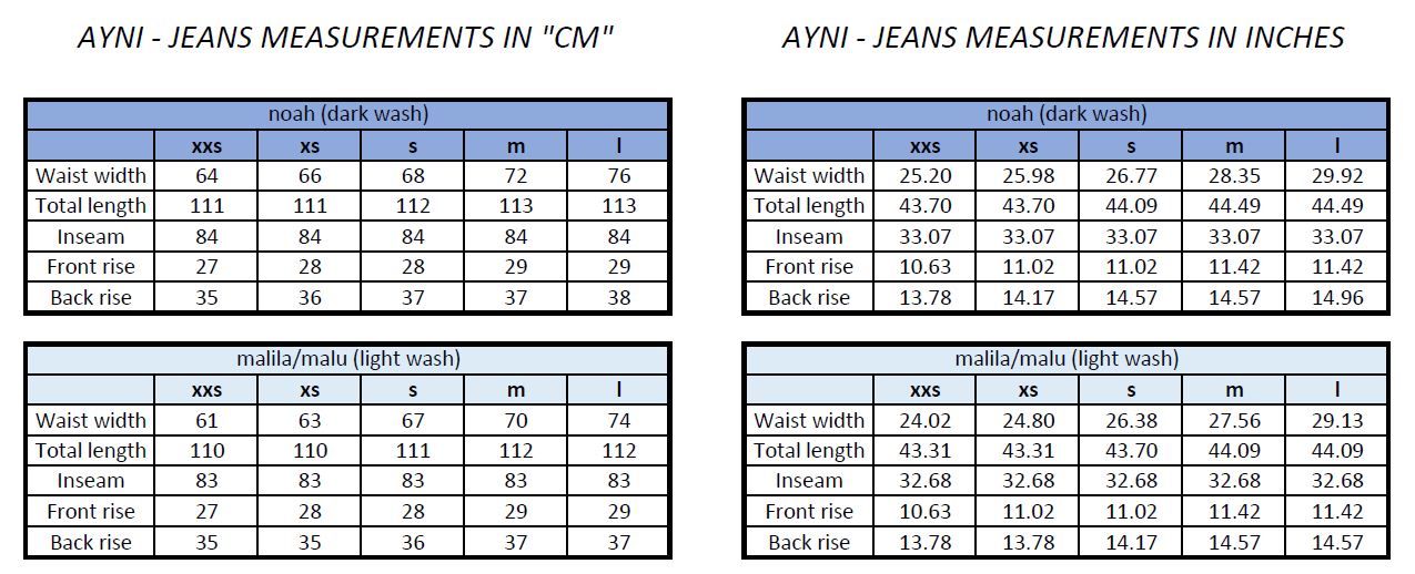 Ayni Jeans Size Chart