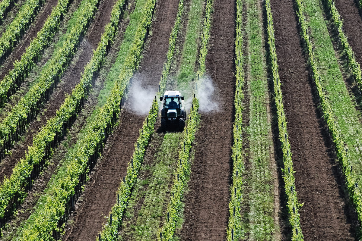 tractor spraying glyphosate pesticide on a crop field