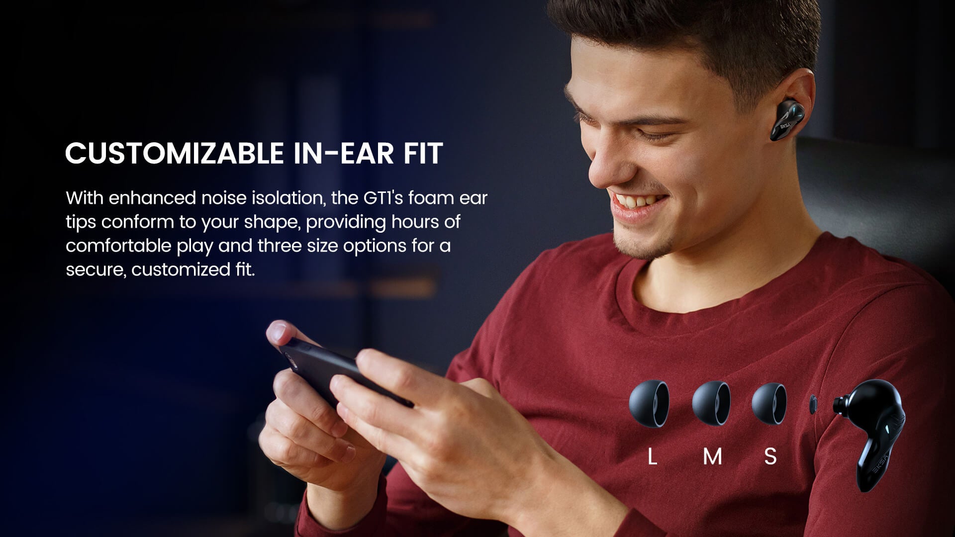 A man in red wears the GT1 wireless gaming earbuds and enjoys the game