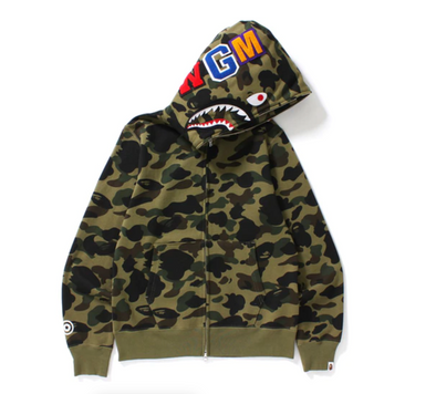 bape green camo shark moletom com capuz