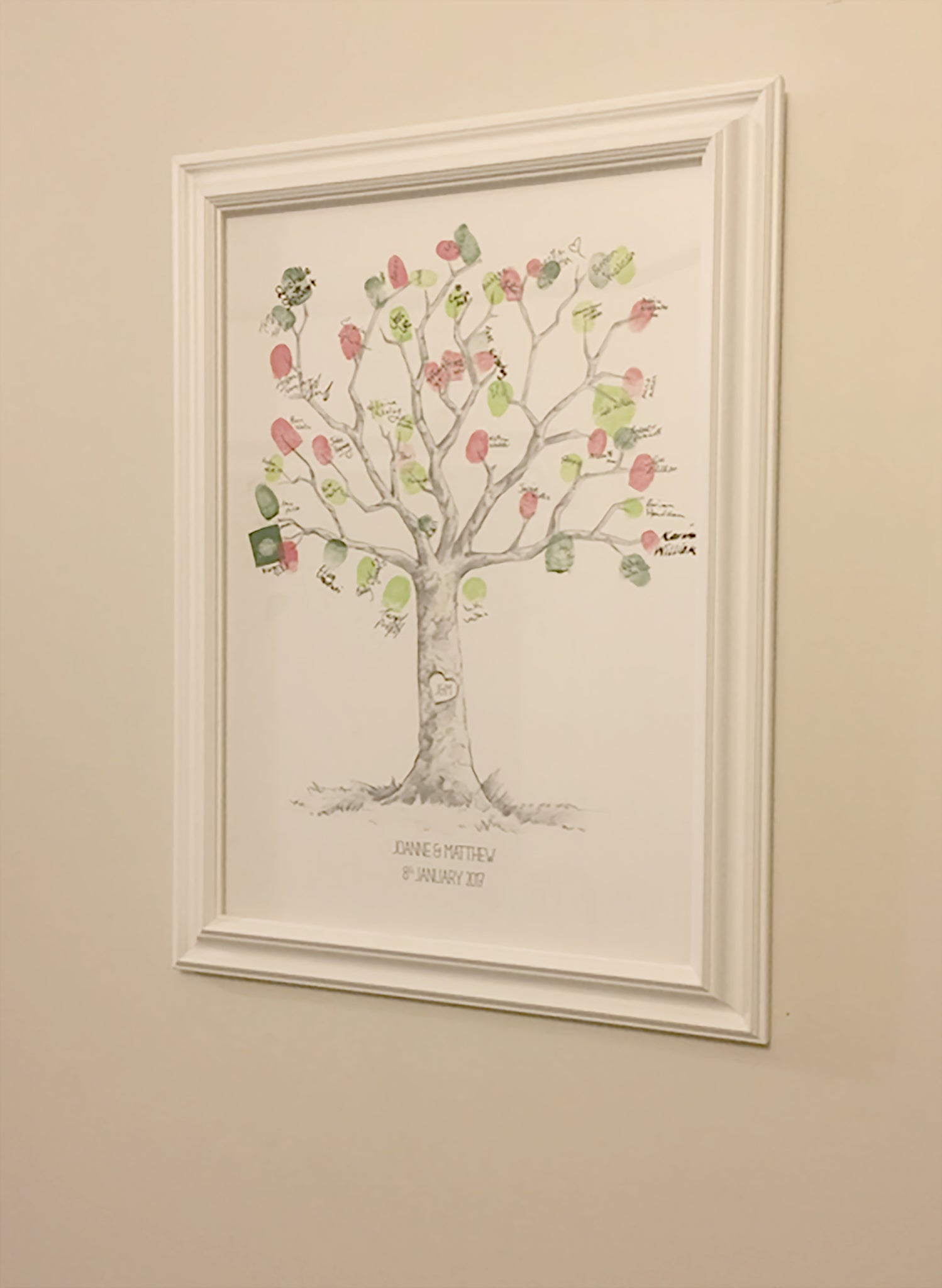 framed fingerprint tree guestbook hanging on a wall