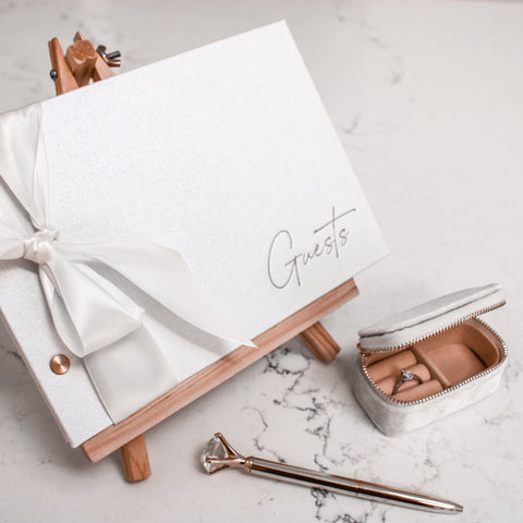 gold foiled wedding guestbook and ring box