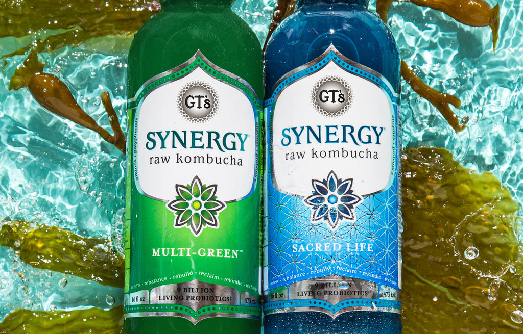 GT's Living Foods SYNERGY Raw Kombucha, Multi-Green and Sacred Life Bottles