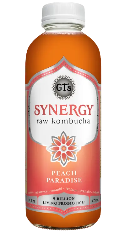 Peach Paradise SYNERGY Raw Kombucha bottle