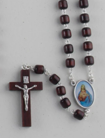 Wooden Rosary Cylinder Beads - Sacred Heart Of Jesus
