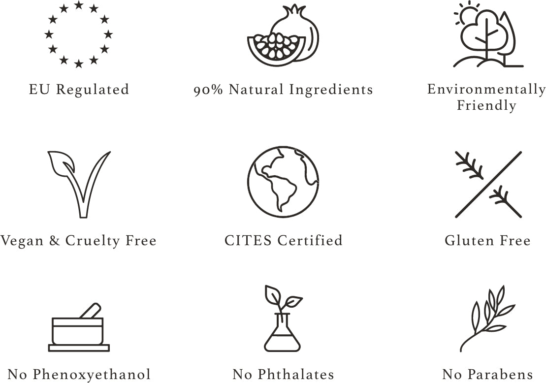 EU Regulated, 90% Natural Ingredients, Environmentally Friendly, Vegan & Cruelty Free, CITES Certified, Gluten Free, No Phenoxyethanol, No Phthalates, No Parabens