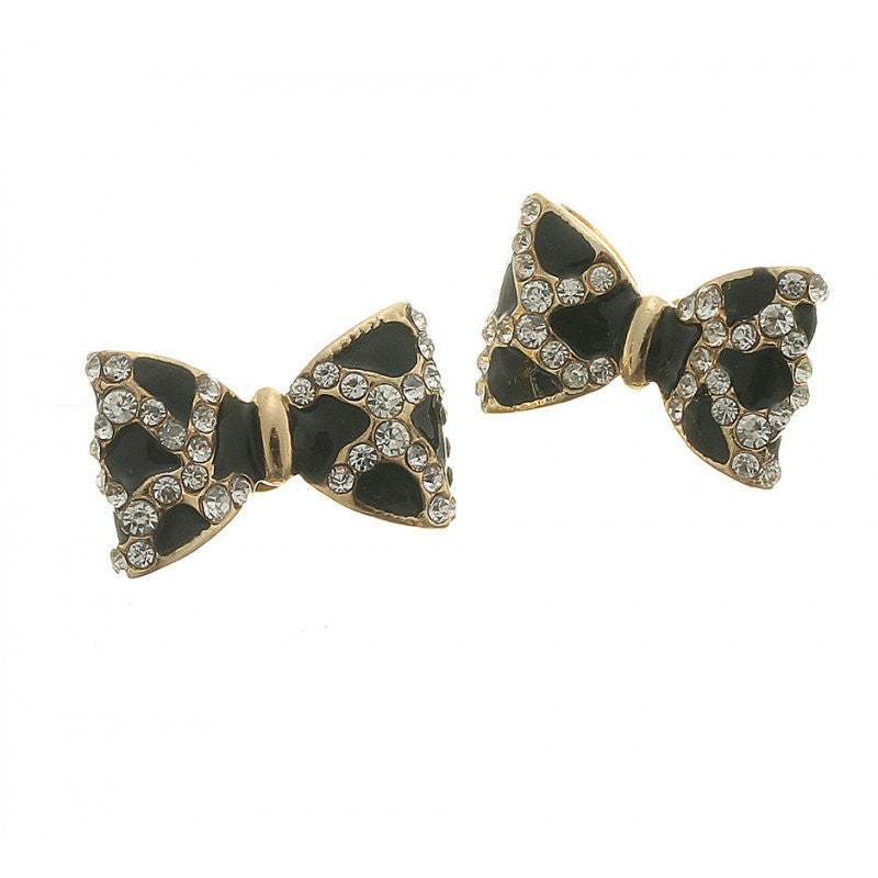 Black & Gold Diamante Bow Earrings - Bag Envy