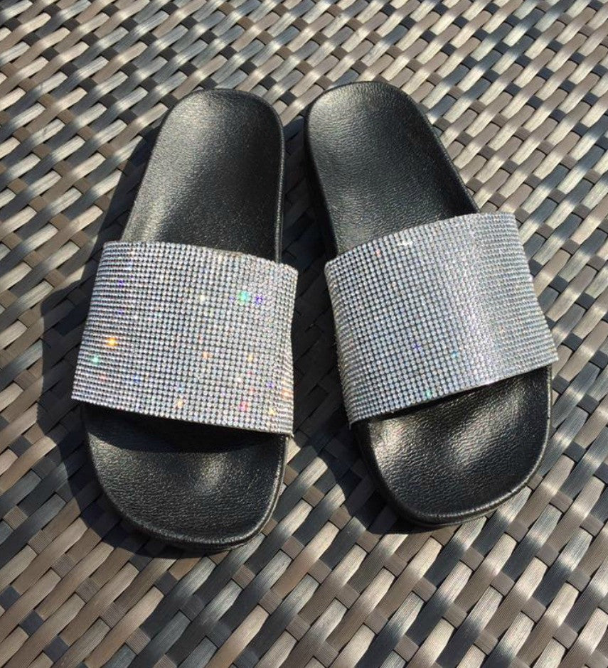 Dynasty Diamante Black Pool Sliders - Bag Envy