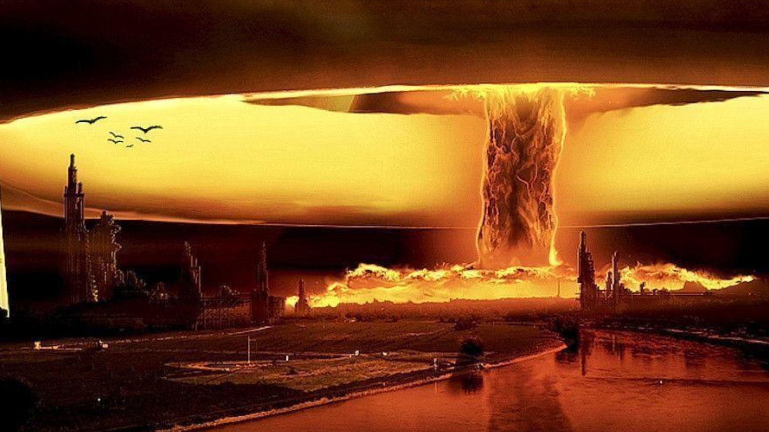 Nuclear bomb explosion in a big city.