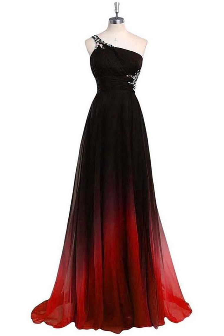 Une épaule noir et rouge mousseline longue perlage perler robes de bal ouvert