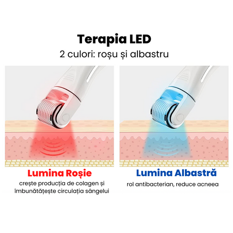 Dermaroller cu LED pentru Lifting Facial 3-in-1, 3 Tipuri de Capete, Ace de Titan, Reintinerire Ten, Rejuvenare Faciala, Masaj Microneedeling