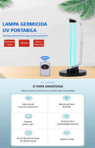 Lampa UVC fara Ozon cu functie de Sterilizare, Putere 38W (40mp), cu Telecomanda si Senzor de Miscare