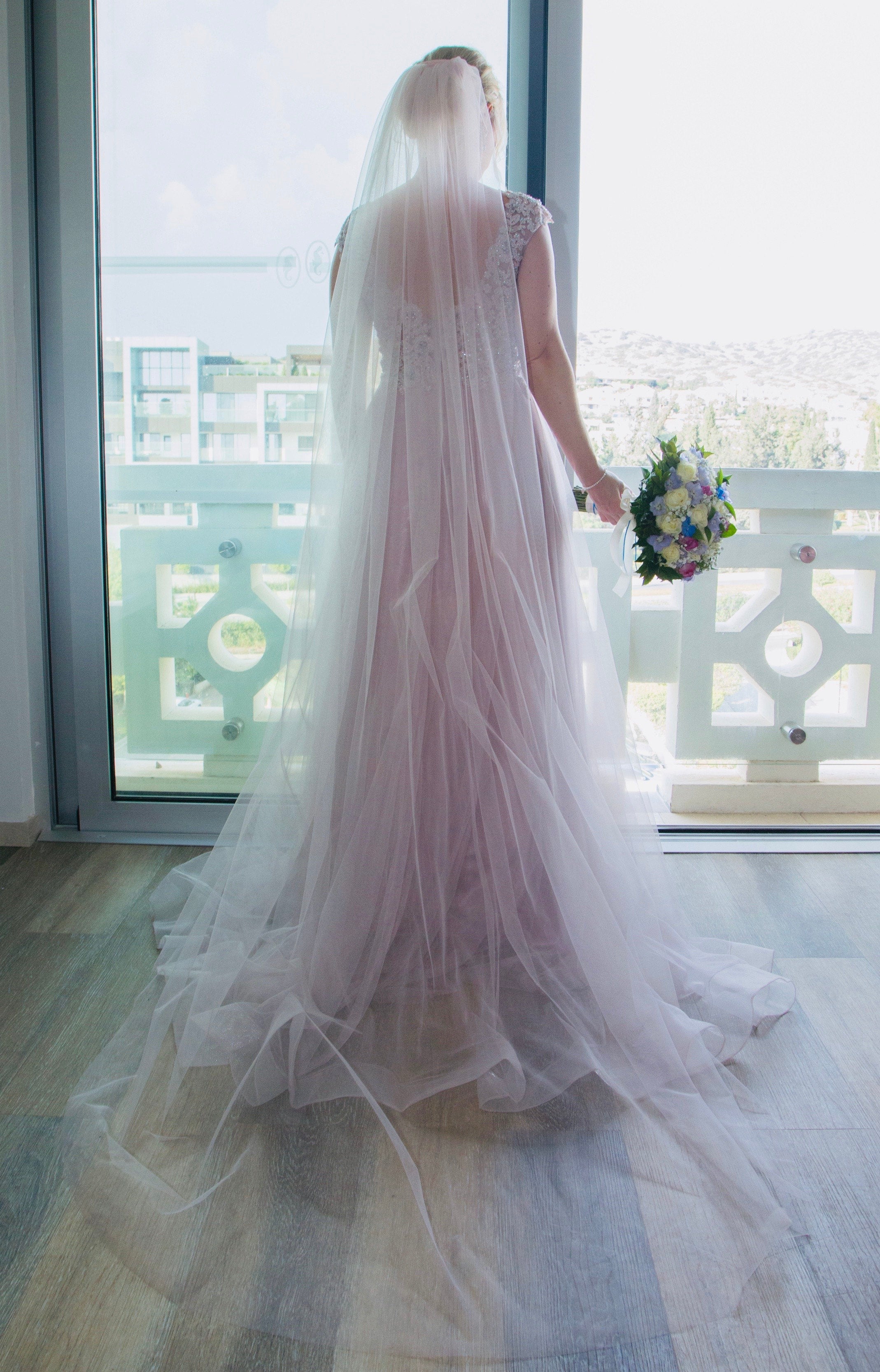 blush pink single tier cut edge wedding veil Ariana 