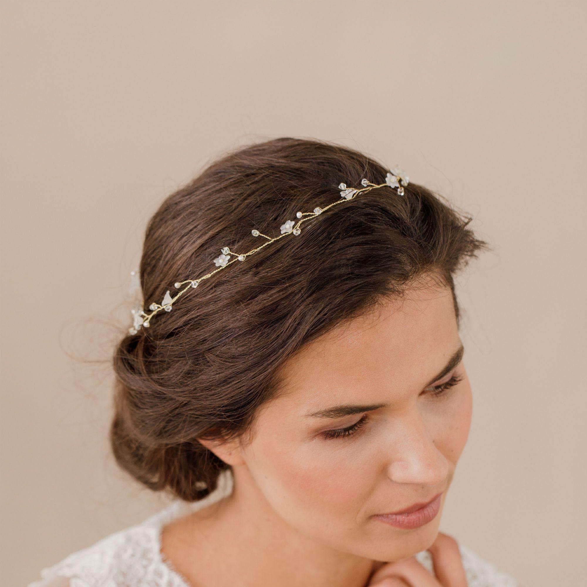 HELEN White Flower Long Bridal Hair Vine With Crystals And Pearls