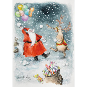 A product image depicting Santa and Rudolf Snowballing - Christmas card pack