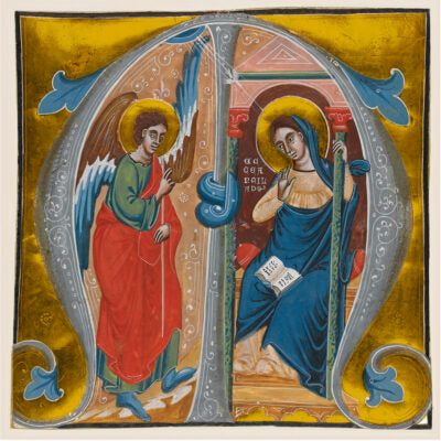 An image chosen to represent Annunciation to the Virgin  (Illuminated letter M) Christmas Card Pack