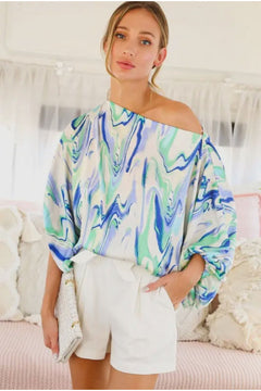 Blue Marble Mix Boatneck Puff Sleeve Top