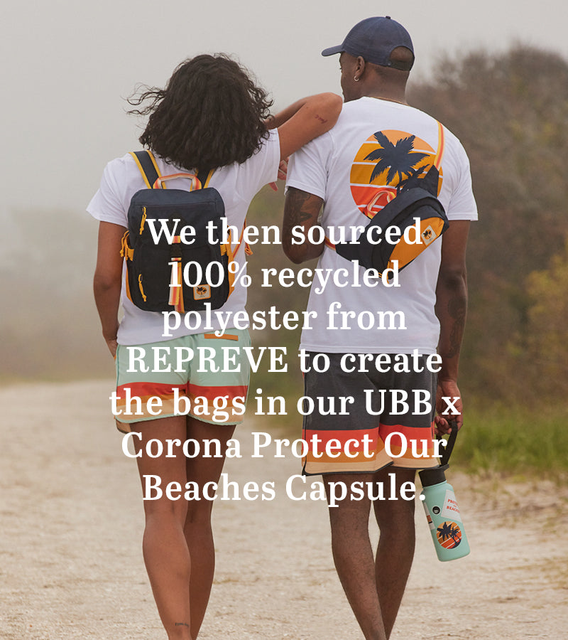 we then sourced 100% recycled polyester from REPREVE to create the bags in our UBB x Corona protect our beaches capsule united by blue