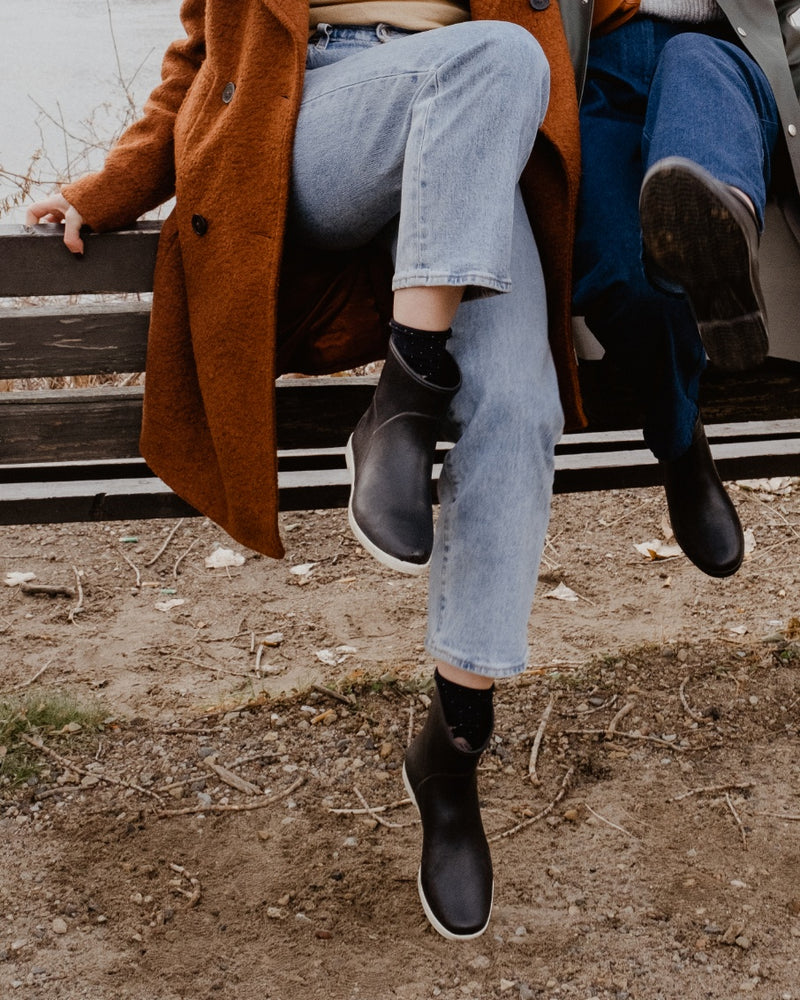 brown and blue rain boots