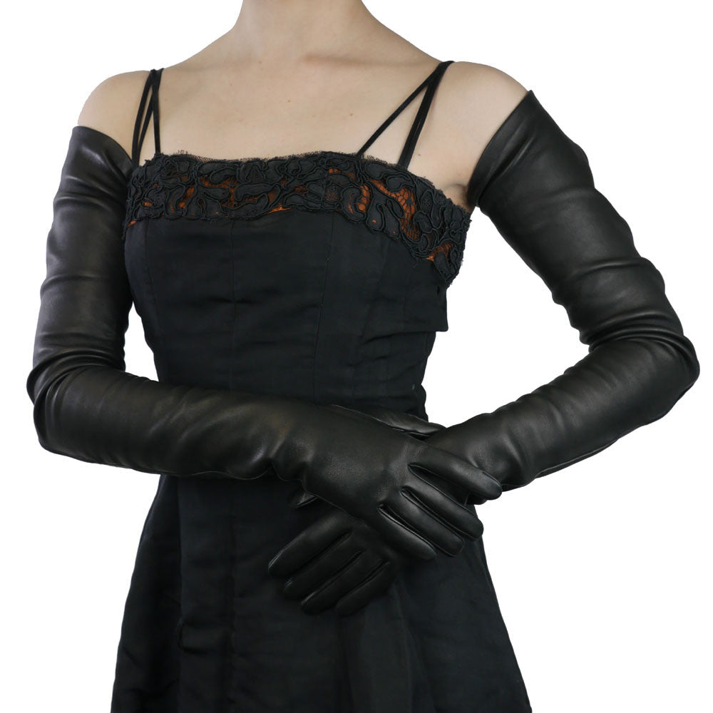 Long Black Leather Gloves- Full arm length to shoulder, with Silk ...