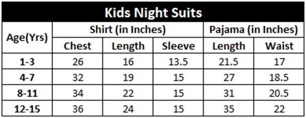 Kids Night Suit Size Chart