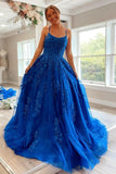 Princess A Line Royal Blue Tulle Lace Appliques Long Formal Dress Prom Dresses